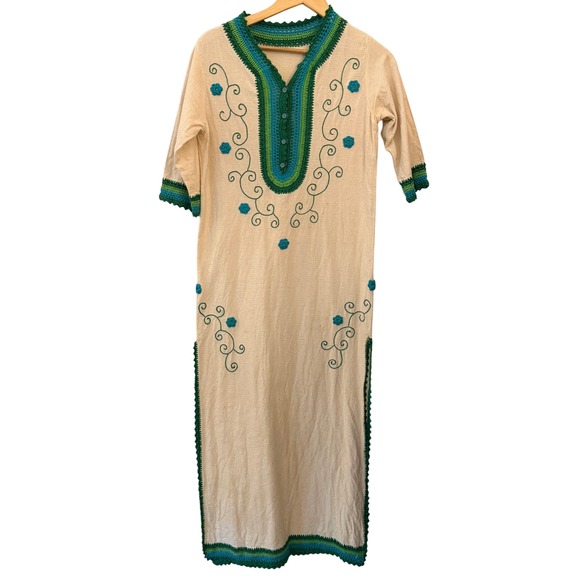 Handmade Dresses & Skirts - Handmade Crochet Maxi Dress M Cream Green Boho Festival Vintage Embroidered